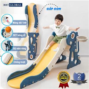 Cầu trượt khủng long máng dài gấp gọn có ném vòng và bóng rổ BBT Global CT200